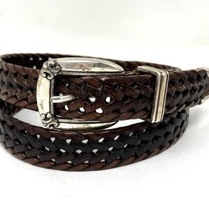 Vintage Fossil Brown Woven Leather Belt Silver Buckle Western Sz M